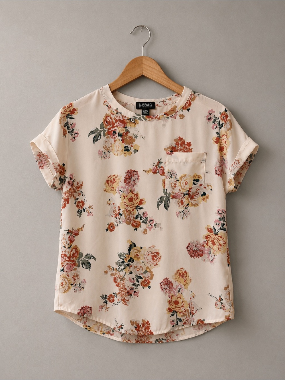 Buffalo David Bitton Floral Blouse Top Womens Small Pink Cream Boho Pocket